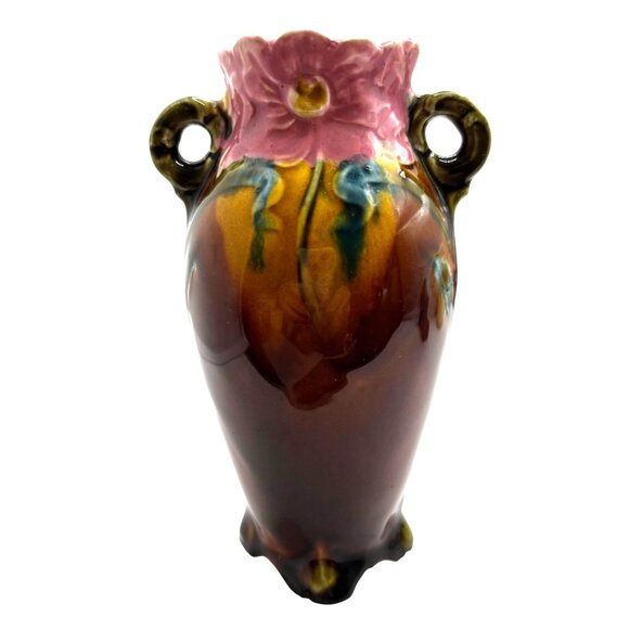 Antique French Art Nouveau Majolica Vase Floral Motif Vivid Colors (READ) - Picture 3 of 12